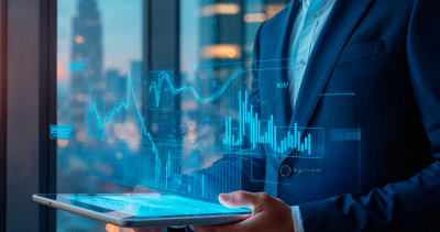Executive reviewing financial charts on a tablet