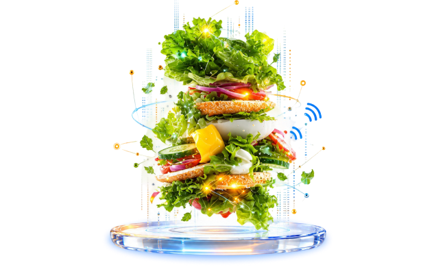 Food and beverage layers floating above a glass platform with connected data