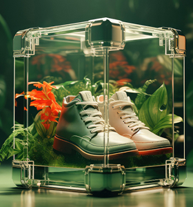 Pair of sneakers inside a glass cube surrounded by plants