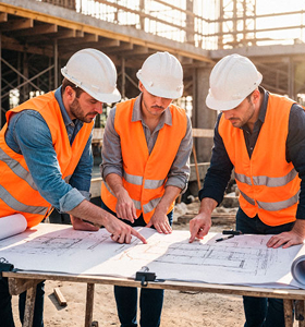 Three construction workers reviewing building plans on site