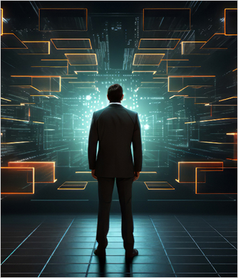 Executive standing before a glowing data grid