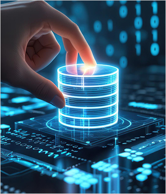 Hand placing a glowing database layer on a circuit board